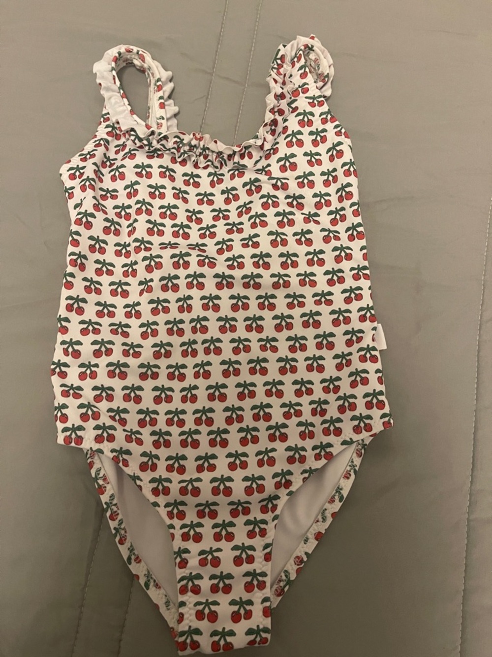 Girls' Cherry Print Ruffle Strap One-Piece Swimsuit - White, Red & Green